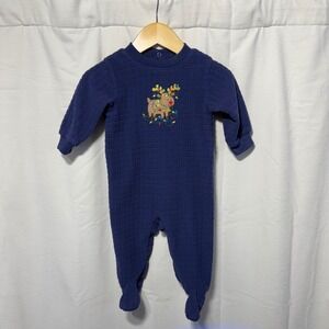 Simply Basic vintage Fleece Footed Pajamas Reindeer Christmas Blue Medium 3-6 M